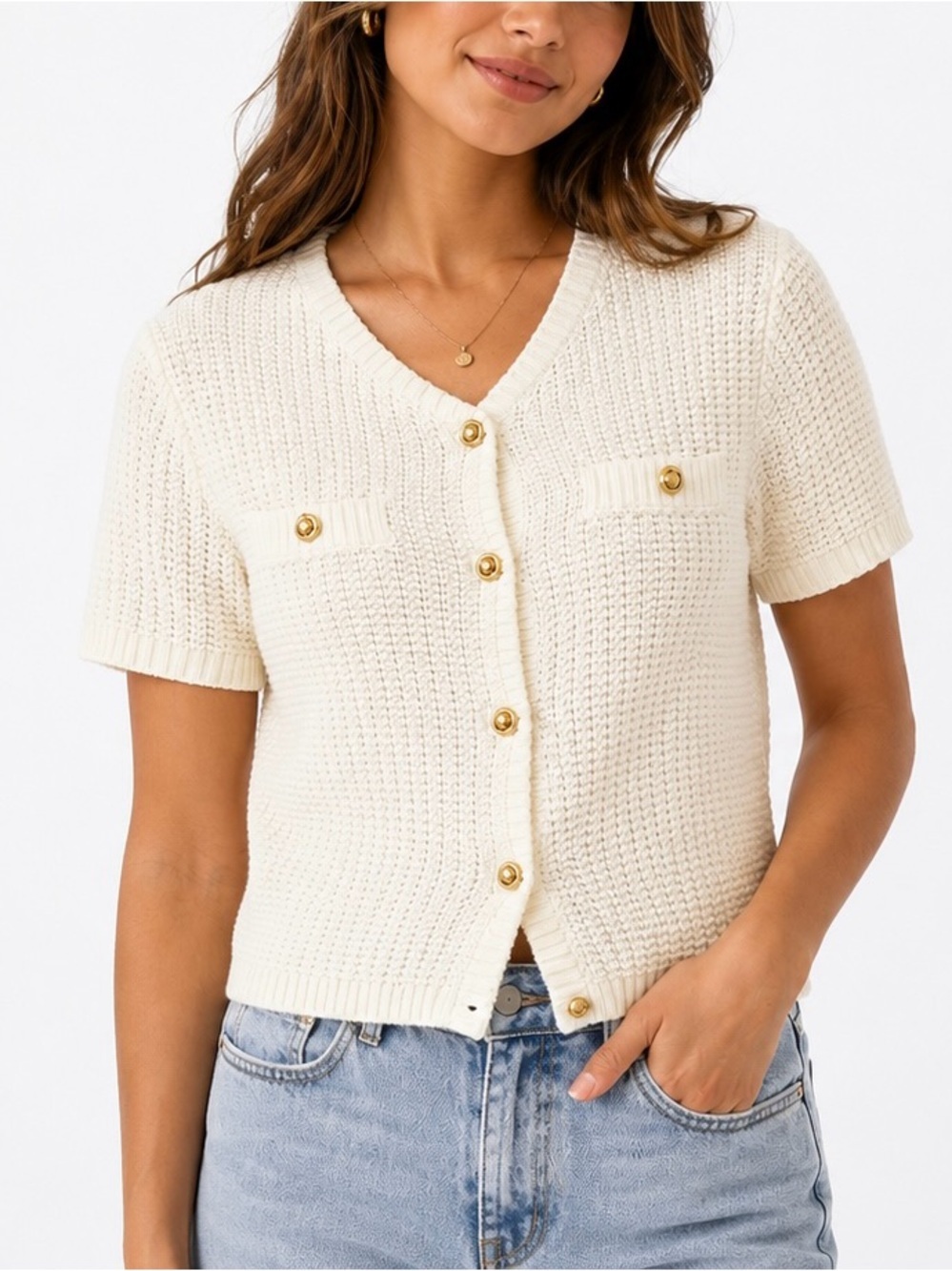 French Connection Cream Textured Knit Cardigan Top Gold Button Women’s L